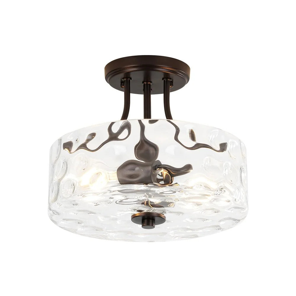 Round Semi Flush Mount Ceiling Light with Clear Hammered Glass Drum Shade and Two E26 Bulb Sockets