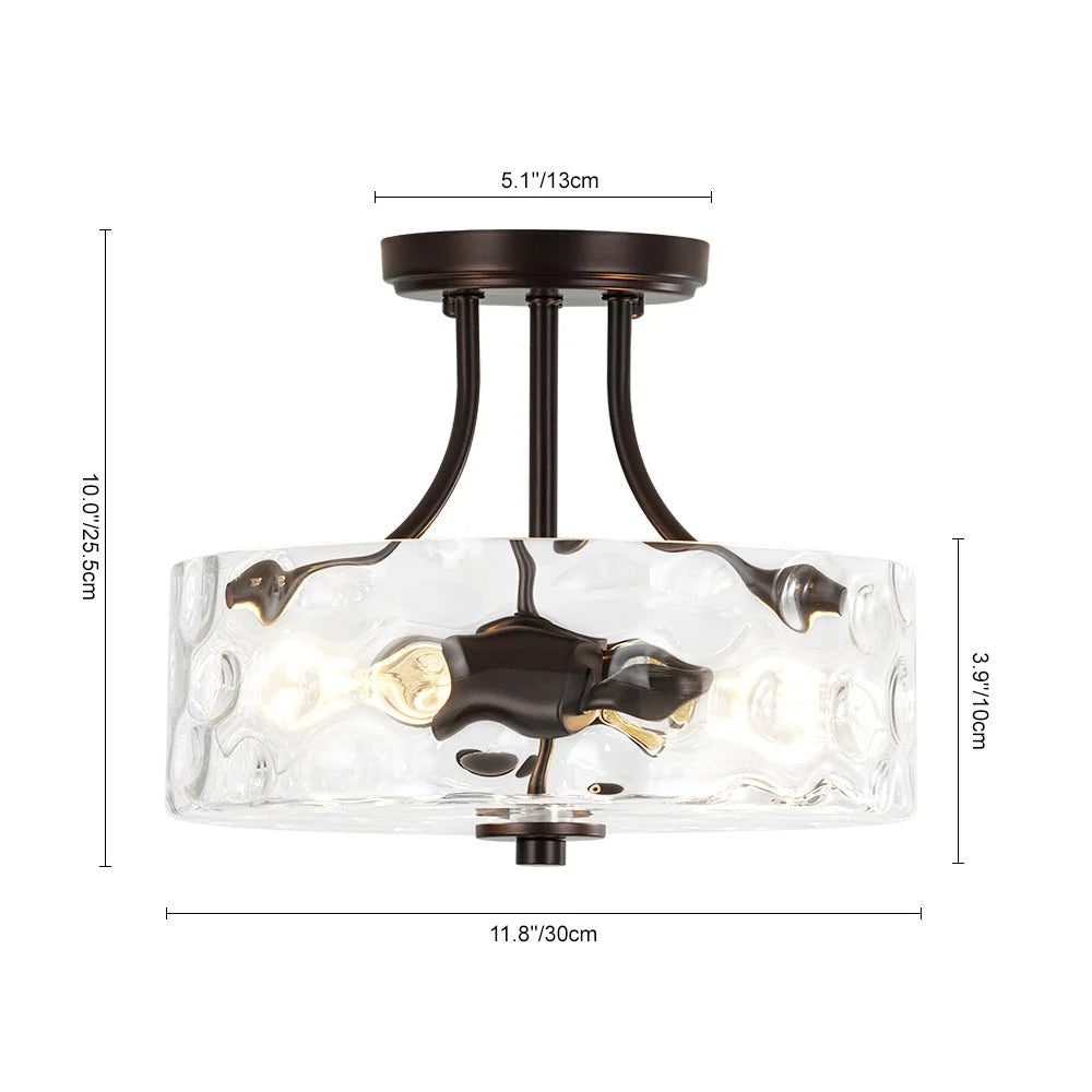 Round Semi Flush Mount Ceiling Light with Clear Hammered Glass Drum Shade and Two E26 Bulb Sockets