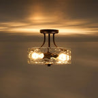 Round Semi Flush Mount Ceiling Light with Clear Hammered Glass Drum Shade and Two E26 Bulb Sockets