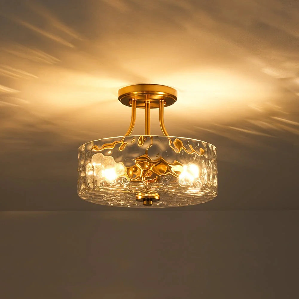 Round Semi Flush Mount Ceiling Light with Clear Hammered Glass Drum Shade and Two E26 Bulb Sockets