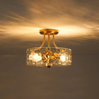 Round Semi Flush Mount Ceiling Light with Clear Hammered Glass Drum Shade and Two E26 Bulb Sockets