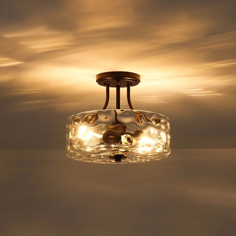 Round Semi Flush Mount Ceiling Light with Clear Hammered Glass Drum Shade and Two E26 Bulb Sockets