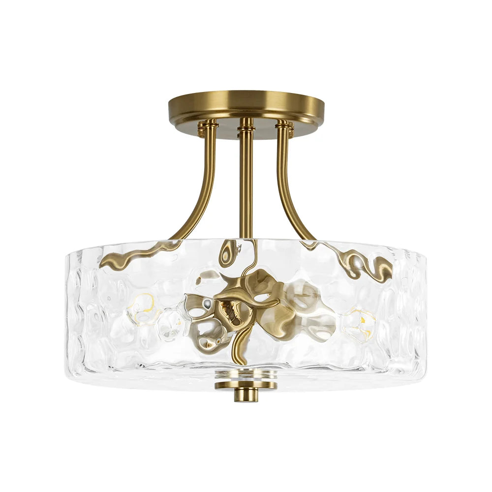 Round Semi Flush Mount Ceiling Light with Clear Hammered Glass Drum Shade and Two E26 Bulb Sockets