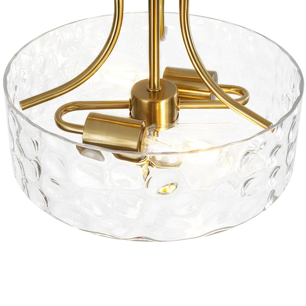 Round Semi Flush Mount Ceiling Light with Clear Hammered Glass Drum Shade and Two E26 Bulb Sockets