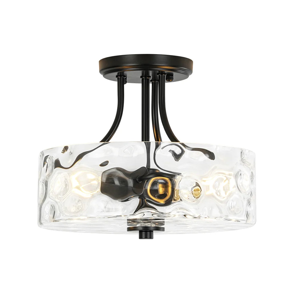 Round Semi Flush Mount Ceiling Light with Clear Hammered Glass Drum Shade and Two E26 Bulb Sockets