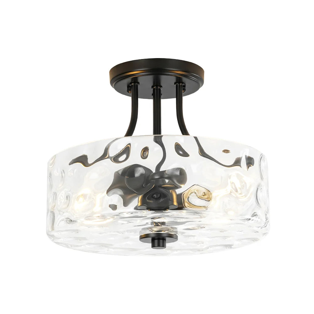 Round Semi Flush Mount Ceiling Light with Clear Hammered Glass Drum Shade and Two E26 Bulb Sockets