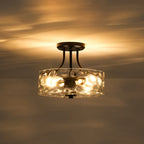 Round Semi Flush Mount Ceiling Light with Clear Hammered Glass Drum Shade and Two E26 Bulb Sockets