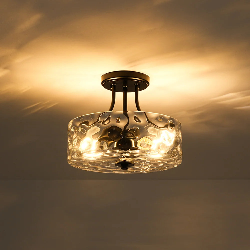 Round Semi Flush Mount Ceiling Light with Clear Hammered Glass Drum Shade and Two E26 Bulb Sockets