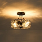 Round Semi Flush Mount Ceiling Light with Clear Hammered Glass Drum Shade and Two E26 Bulb Sockets
