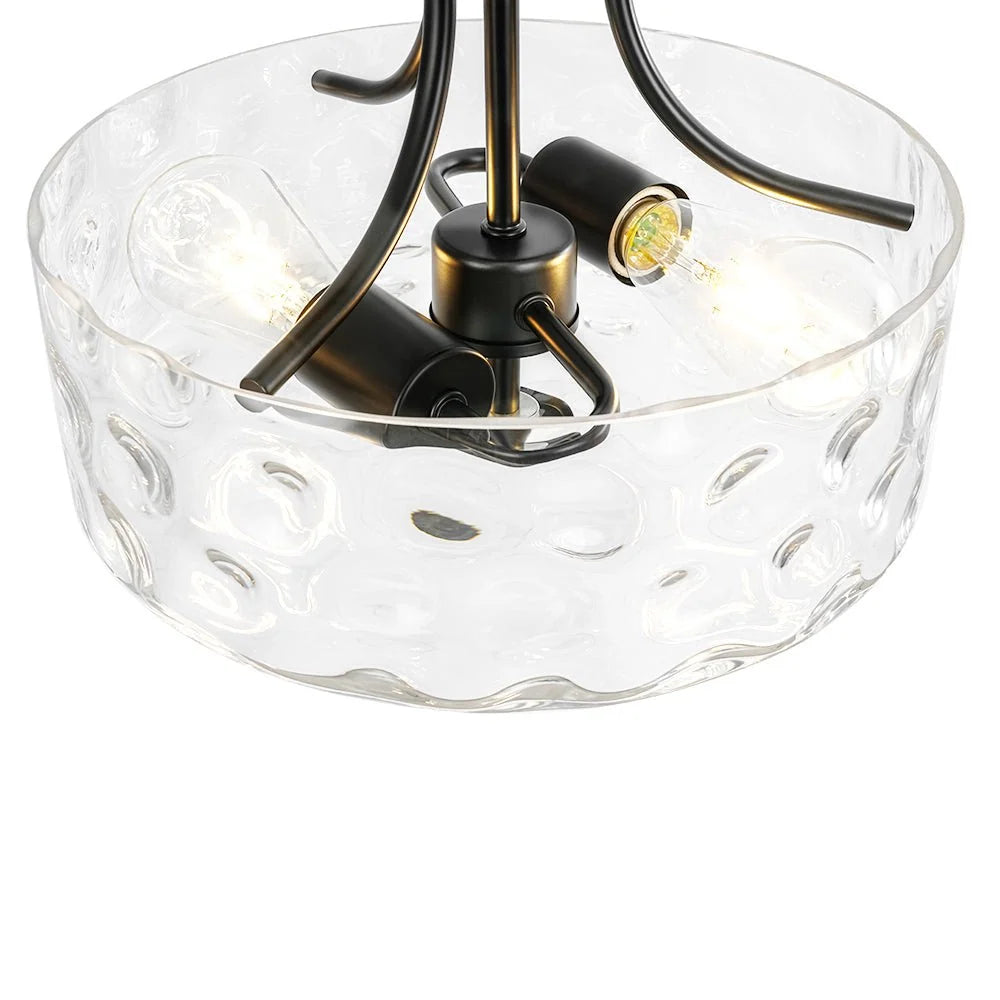 Round Semi Flush Mount Ceiling Light with Clear Hammered Glass Drum Shade and Two E26 Bulb Sockets