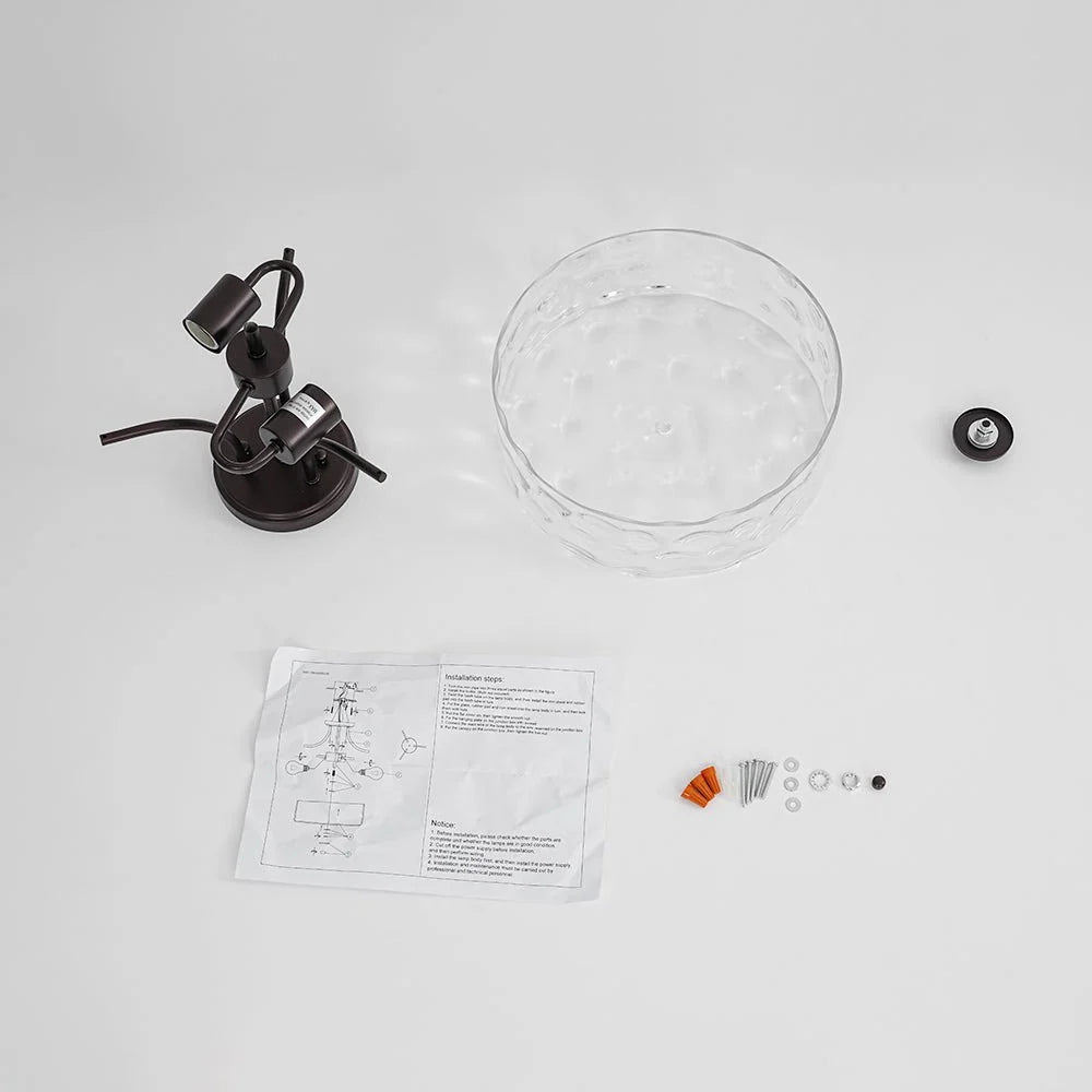 Round Semi Flush Mount Ceiling Light with Clear Hammered Glass Drum Shade and Two E26 Bulb Sockets