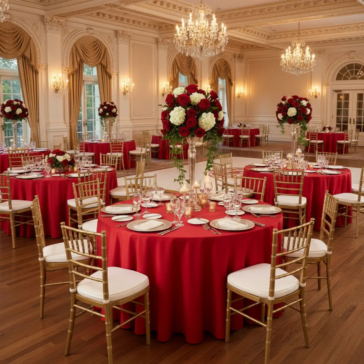 Round Tablecloth in Red Lamour Satin, 120-Inch Diameter