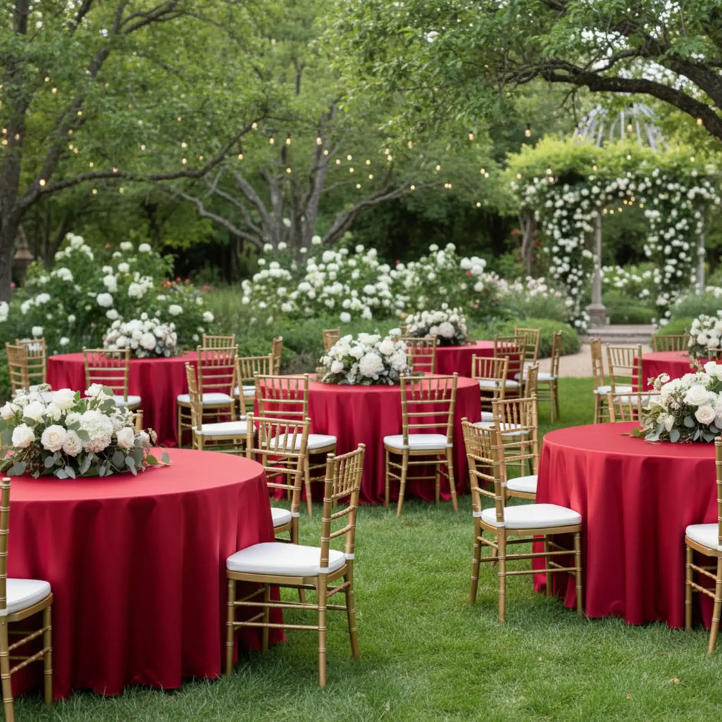 Round Tablecloth in Red Lamour Satin, 120-Inch Diameter