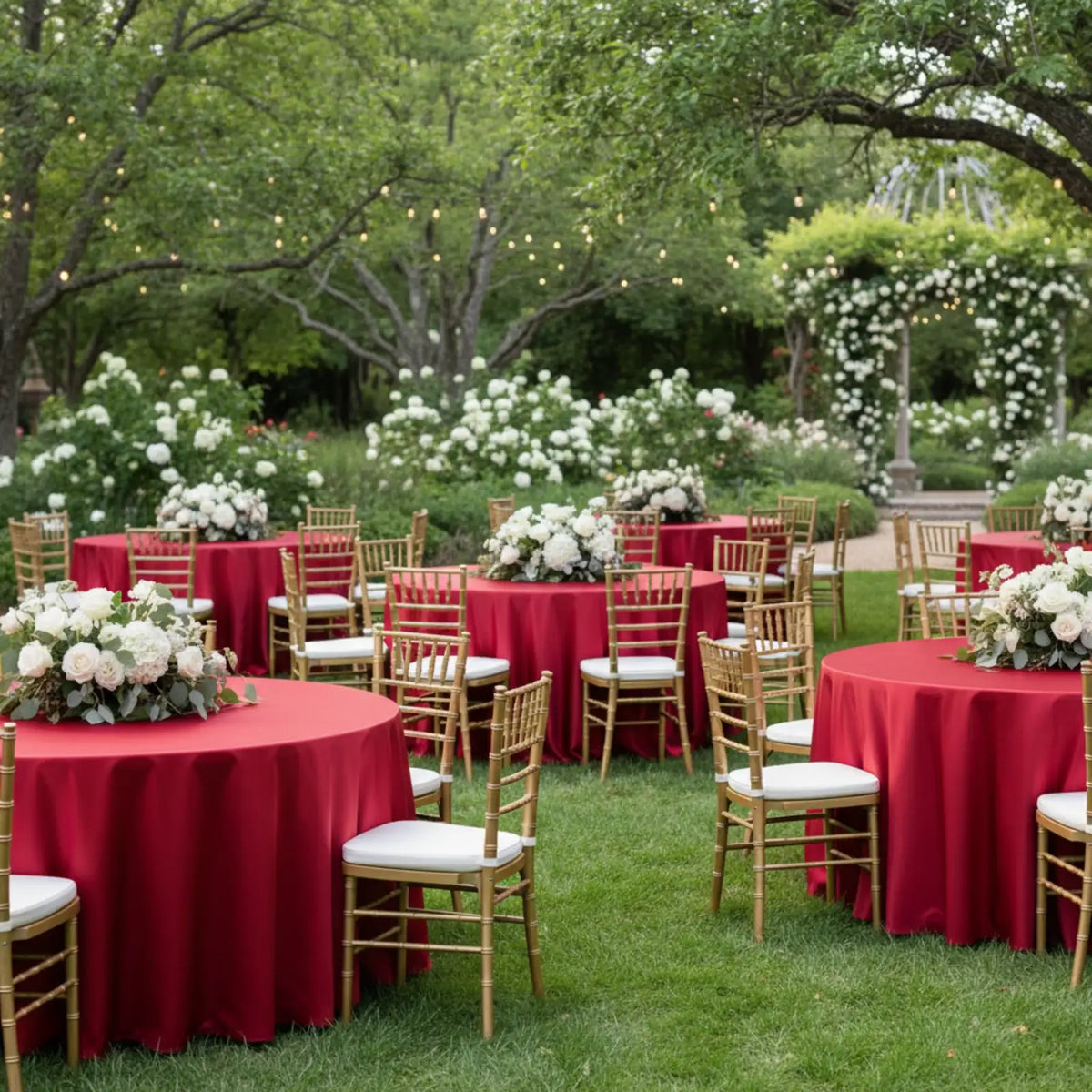 Round Tablecloth in Red Lamour Satin, 120-Inch Diameter