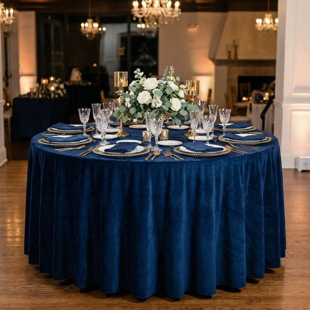 Round Velvet Tablecloth in Navy Blue, 120-Inch Diameter