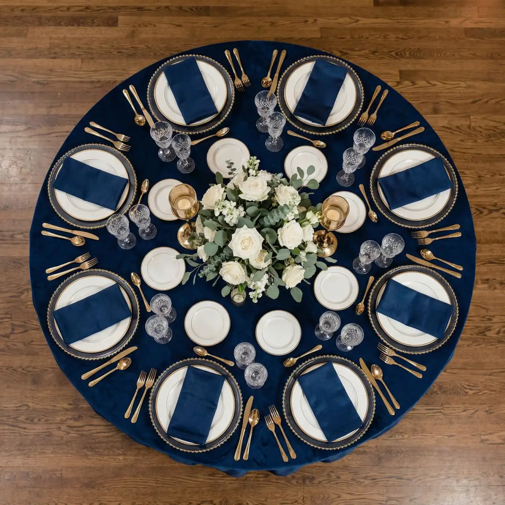 Round Velvet Tablecloth in Navy Blue, 120-Inch Diameter