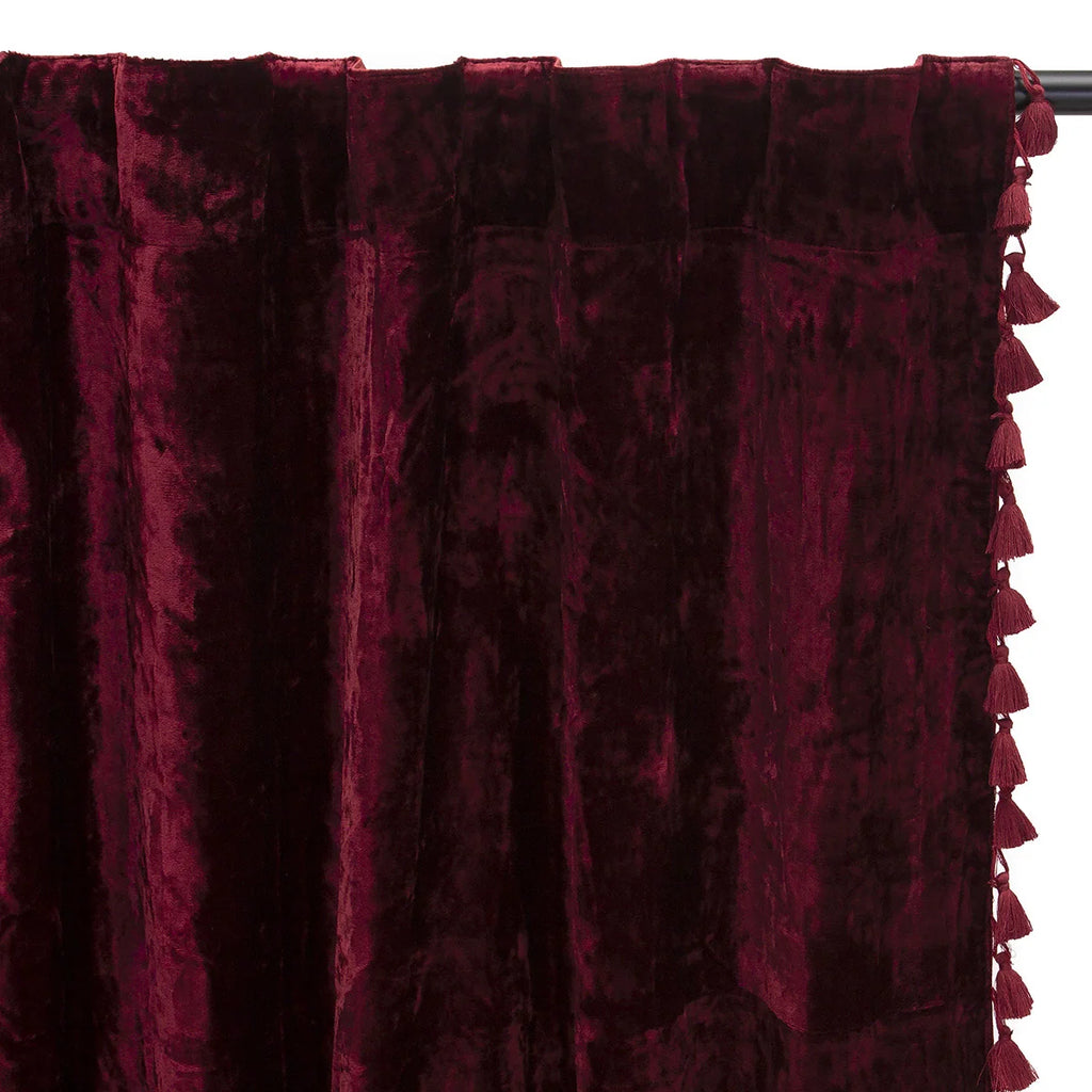 Ruby Velvet Curtains with Cotton Backing and Tasseled Edges for Rich Room Darkening Privacy