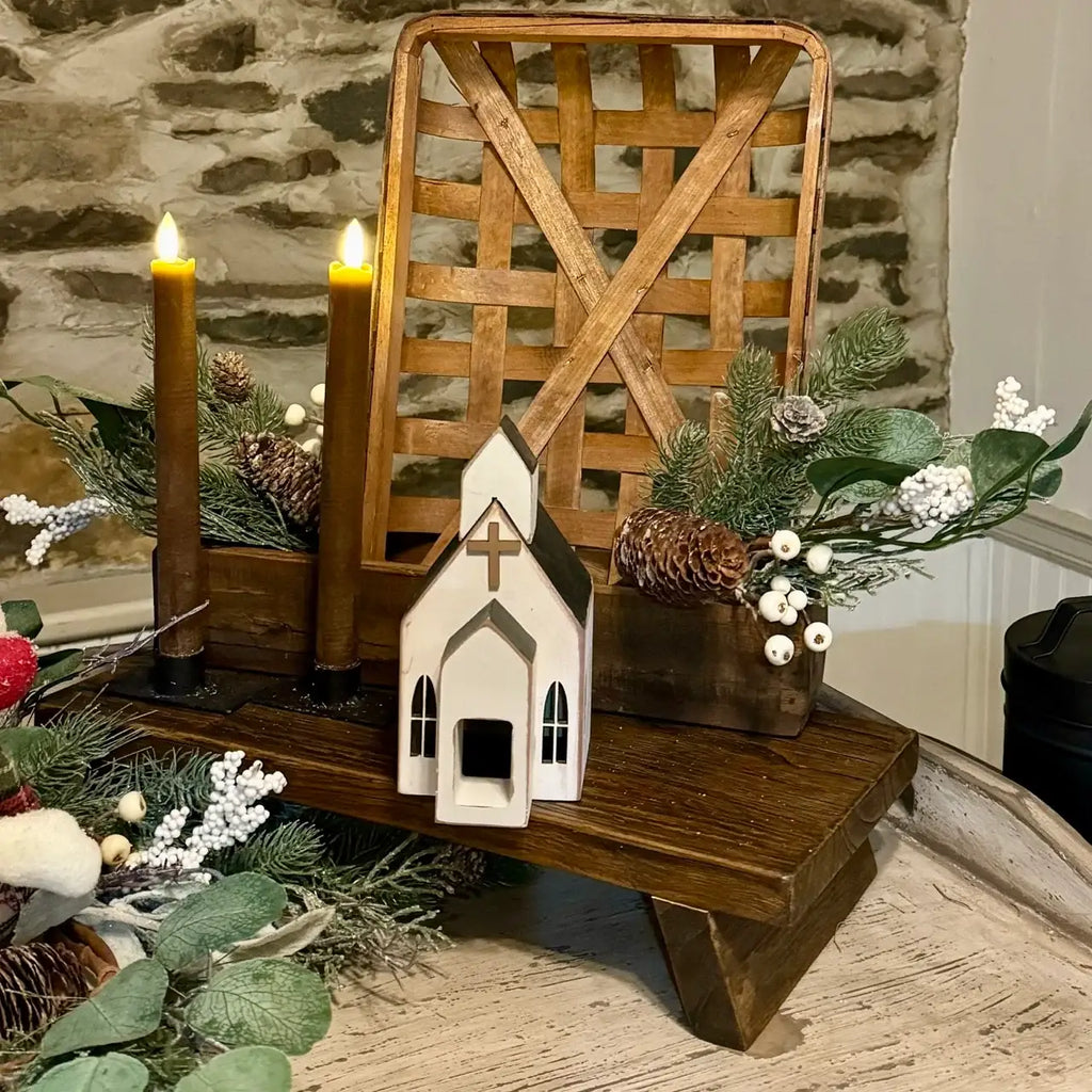 Rustic Table Riser for Farmhouse Centerpiece Decor, 16 x 7.5 x 3.5 Inch Handmade Wood Display Stand