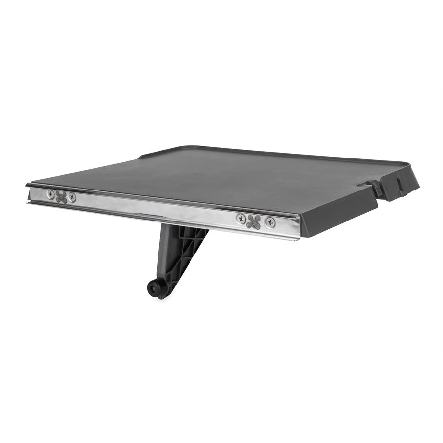 RV Exterior Grill Rail Mount Table with Foldable Leg, Charcoal Gray Camping Prep Surface and Utensil Hook
