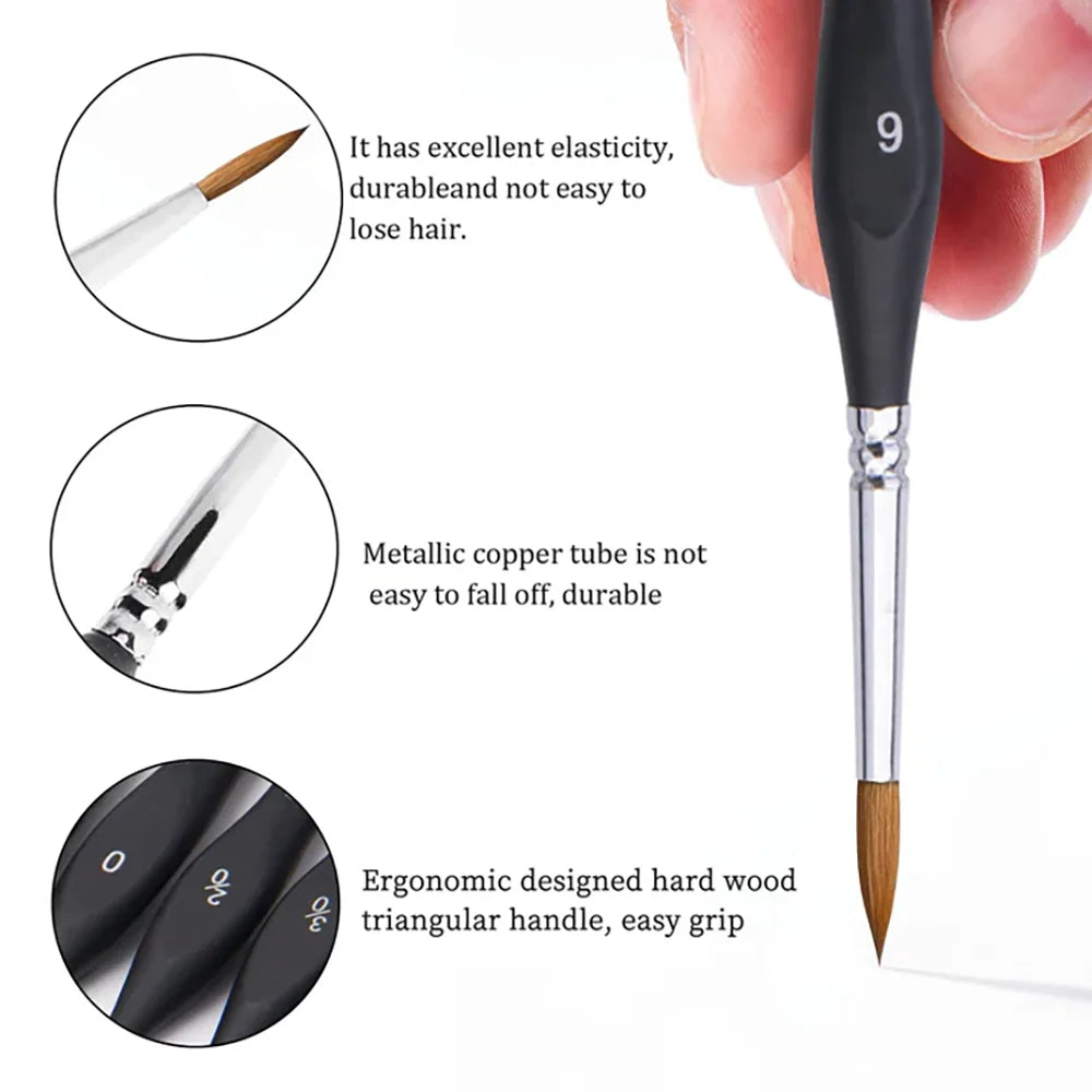 Sable Detail Paint Brush Set of 10 with Triangular Handles for Miniature Painting and Fine Details
