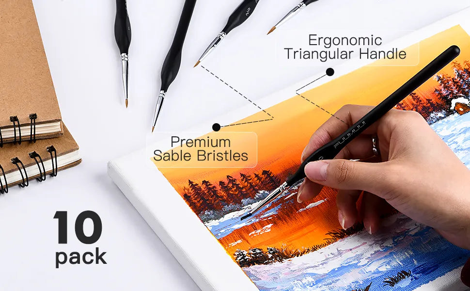Sable Detail Paint Brush Set of 10 with Triangular Handles for Miniature Painting and Fine Details