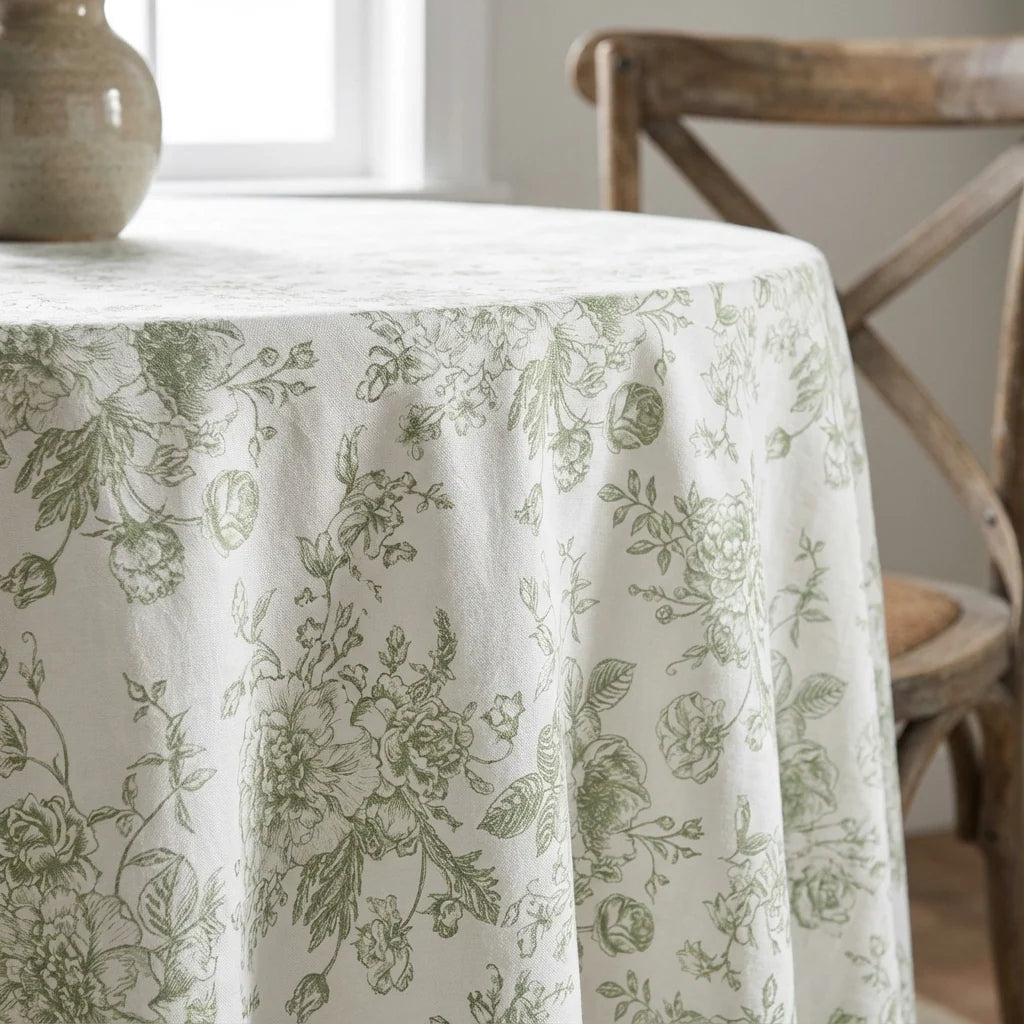 Sage Green French Toile Tablecloth in 100% Polyester, 58-Inch Fabric Width with Round, Square, and Banquet Sizes