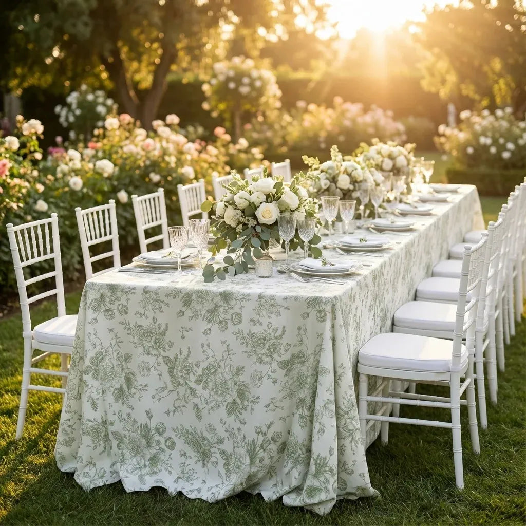 Sage Green French Toile Tablecloth in 100% Polyester, 58-Inch Fabric Width with Round, Square, and Banquet Sizes