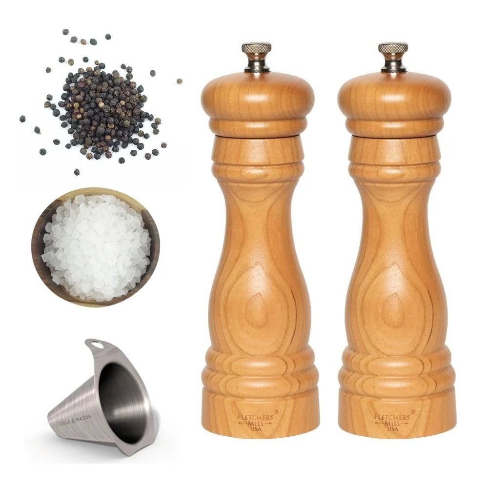 Salt and Pepper Grinder Gift Set with Adjustable 30-Level Grind, Refills and Peppercorn Funnel