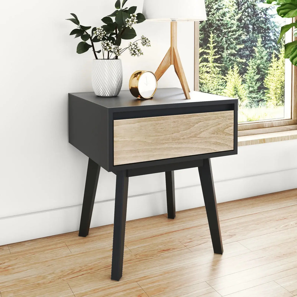 Scandinavian Wood Nightstand, Single-Black and Blonde