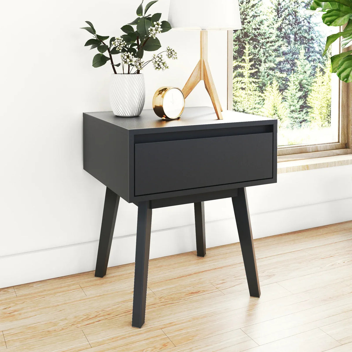 Scandinavian Wood Nightstand, Single-Black