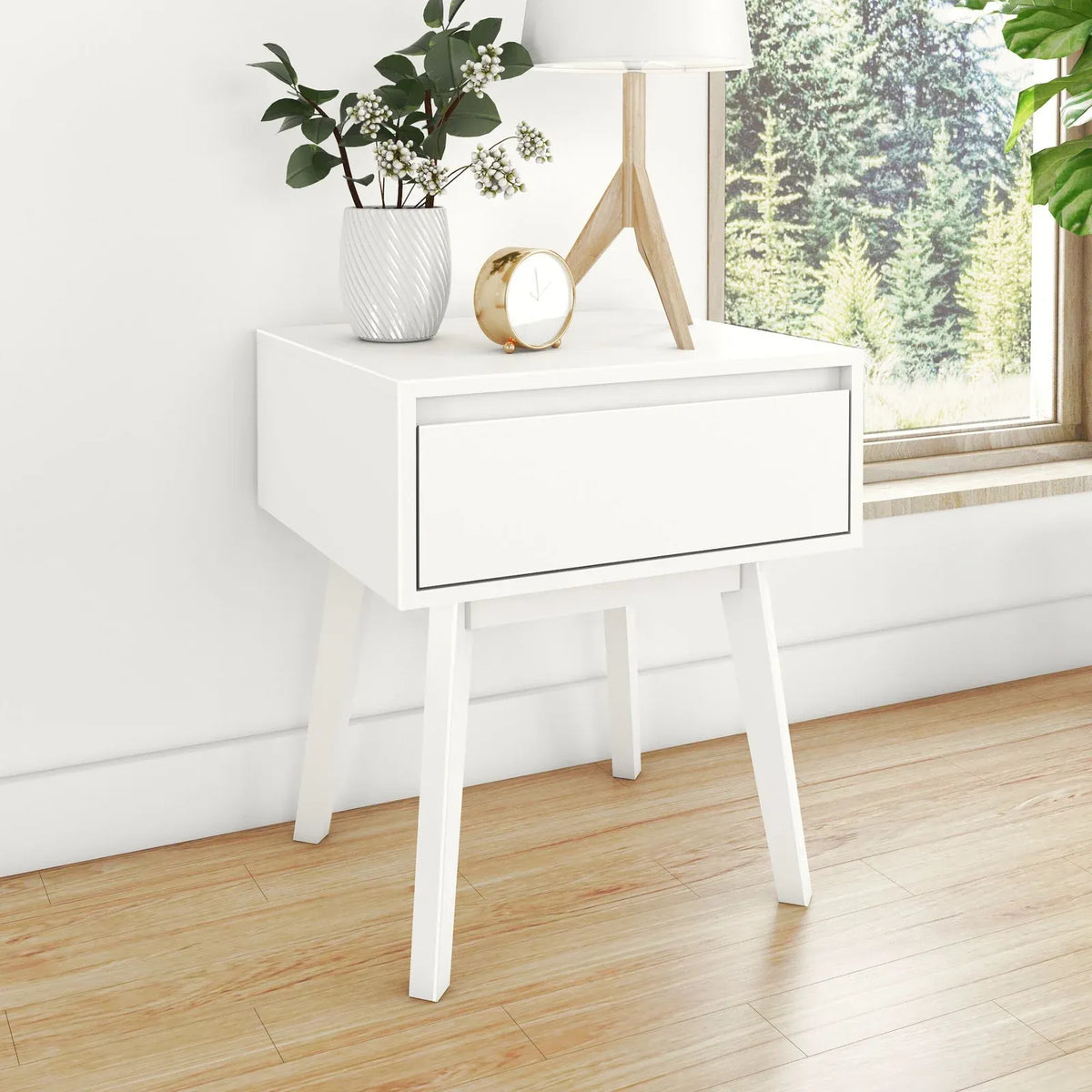 Scandinavian Wood Nightstand, Single-White