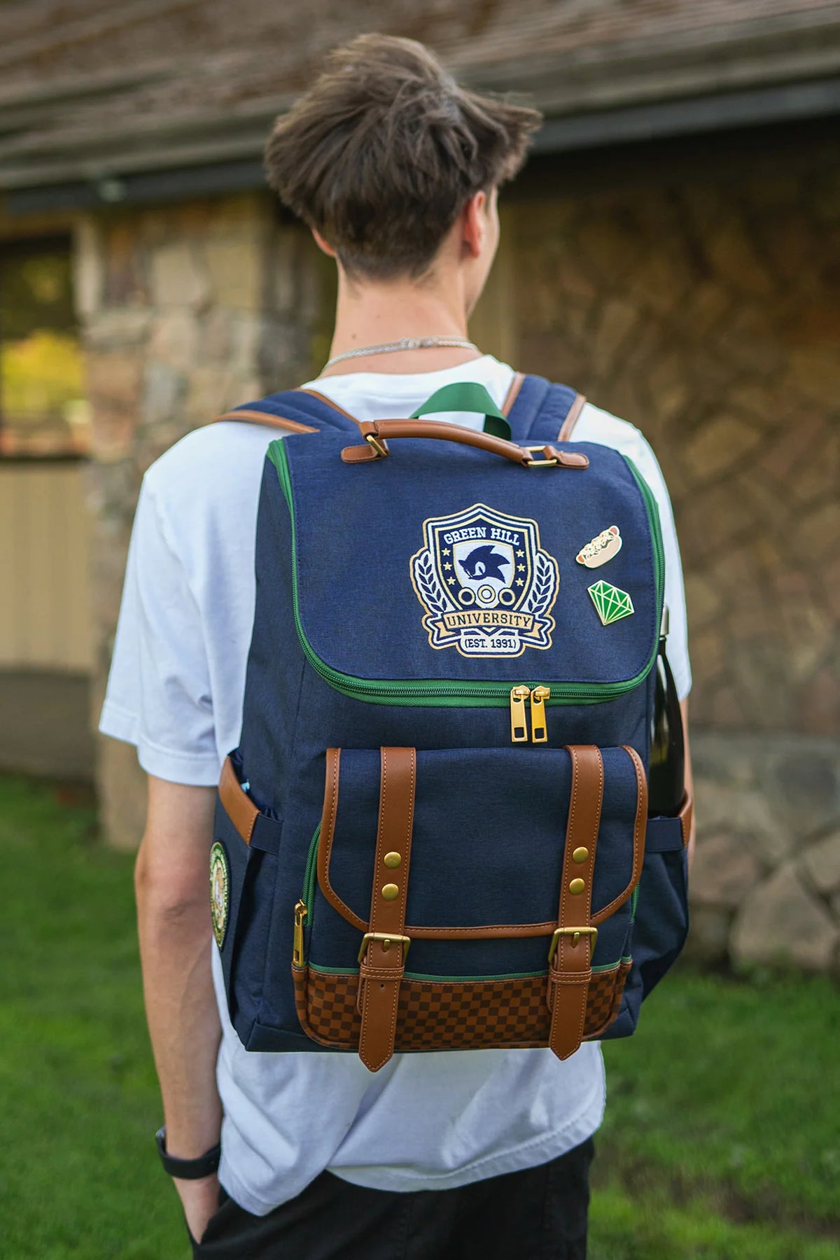 School Backpack in Vintage Blue with an Embroidered University Crest and Dedicated Laptop Compartment