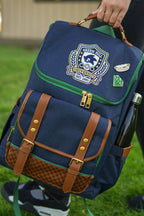 School Backpack in Vintage Blue with an Embroidered University Crest and Dedicated Laptop Compartment