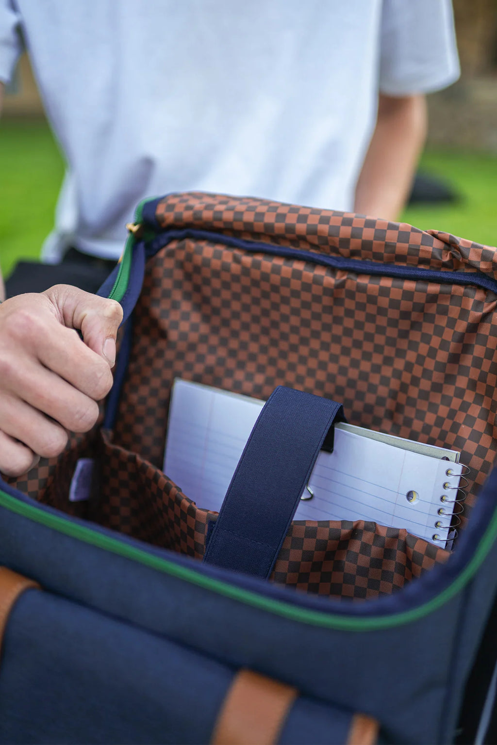 School Backpack in Vintage Blue with an Embroidered University Crest and Dedicated Laptop Compartment