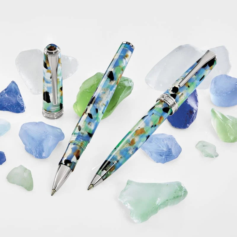 Sea Glass Resin Writing Pen with Chrome Trim, Available in Ballpoint or Rollerball for Everyday Notes