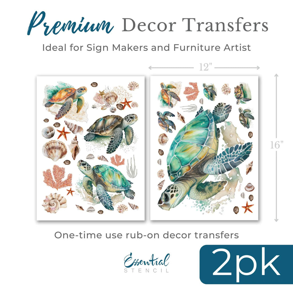 Sea Turtle and Shell Rub-on Decor Transfers, Two 12 x 16 Inch Single-Use Sheets in Each Set for Craft Projects