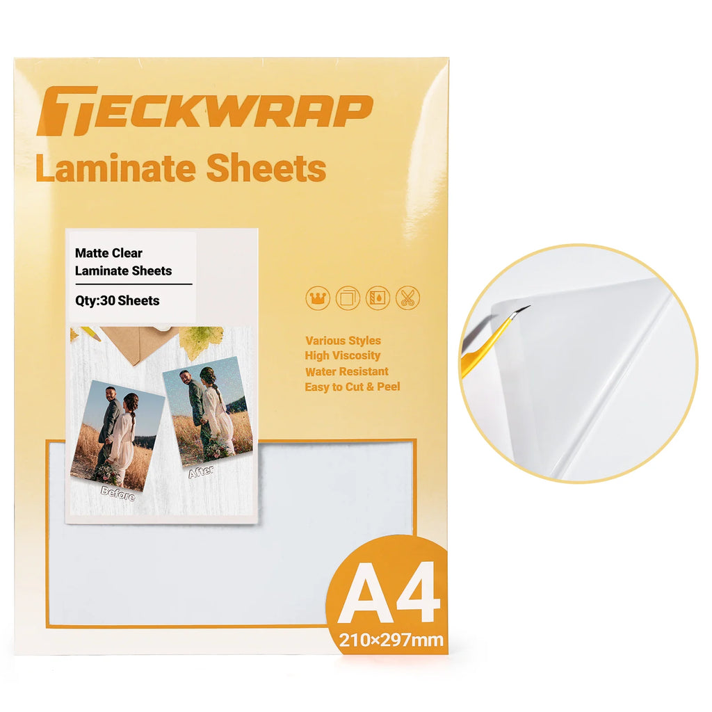 Self-Adhesive Laminating Sheets, A4 30-Pack in Clear, Glitter and Holographic Finishes for Stickers and Crafts — Matte Clear
