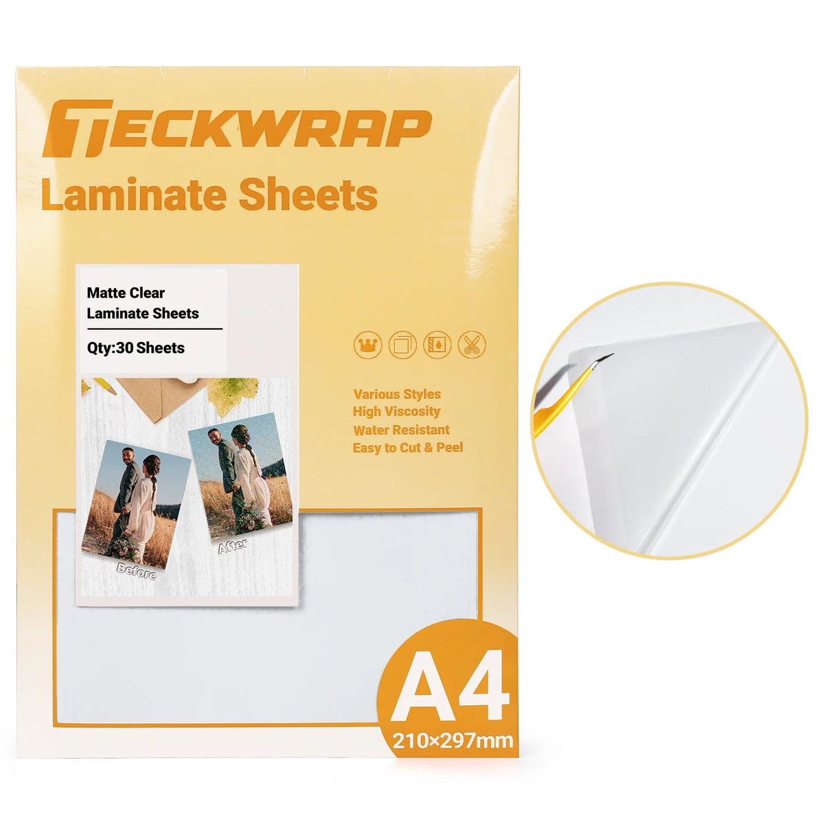 Self-Adhesive Laminating Sheets, A4 30-Pack in Clear, Glitter and Holographic Finishes for Stickers and Crafts — Matte Clear