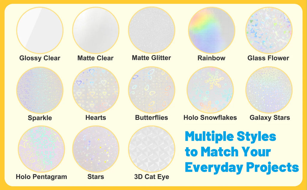 Self-Adhesive Laminating Sheets, A4 30-Pack in Clear, Glitter and Holographic Finishes for Stickers and Crafts