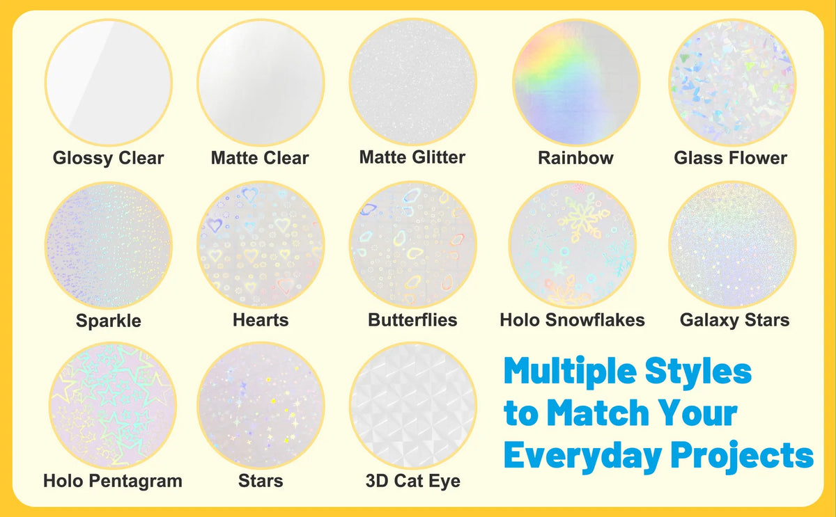 Self-Adhesive Laminating Sheets, A4 30-Pack in Clear, Glitter and Holographic Finishes for Stickers and Crafts