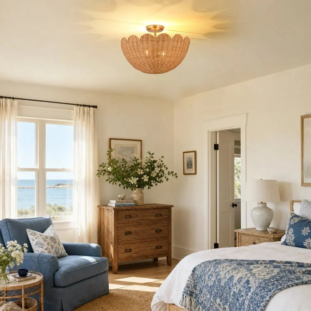 Semi Flush Mount Ceiling Light with a Scalloped Tulip Rattan Shade and Two E26 Sockets for Indoor Spaces