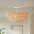 Semi Flush Mount Ceiling Light with a Scalloped Tulip Rattan Shade and Two E26 Sockets for Indoor Spaces — Matte White