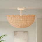 Semi Flush Mount Ceiling Light with a Scalloped Tulip Rattan Shade and Two E26 Sockets for Indoor Spaces — Matte White