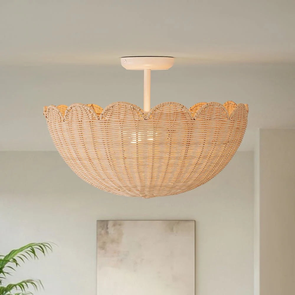 Semi Flush Mount Ceiling Light with a Scalloped Tulip Rattan Shade and Two E26 Sockets for Indoor Spaces — Matte White