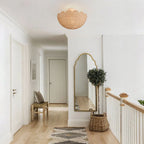 Semi Flush Mount Ceiling Light with a Scalloped Tulip Rattan Shade and Two E26 Sockets for Indoor Spaces