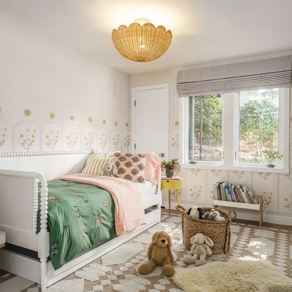 Semi Flush Mount Ceiling Light with a Scalloped Tulip Rattan Shade and Two E26 Sockets for Indoor Spaces