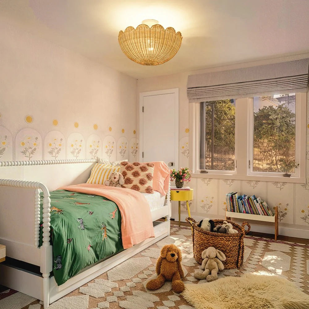 Semi Flush Mount Ceiling Light with a Scalloped Tulip Rattan Shade and Two E26 Sockets for Indoor Spaces