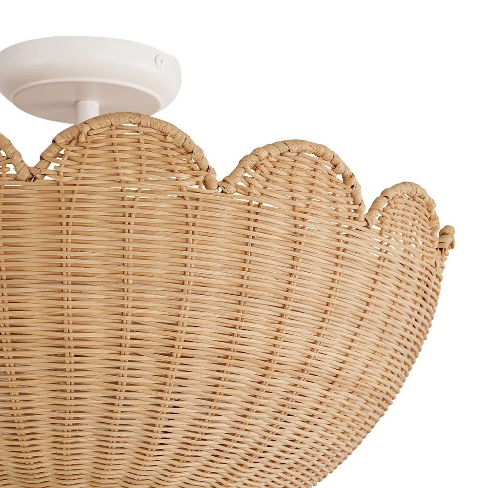 Semi Flush Mount Ceiling Light with a Scalloped Tulip Rattan Shade and Two E26 Sockets for Indoor Spaces
