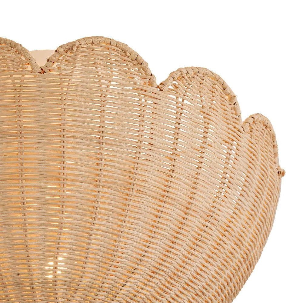 Semi Flush Mount Ceiling Light with a Scalloped Tulip Rattan Shade and Two E26 Sockets for Indoor Spaces