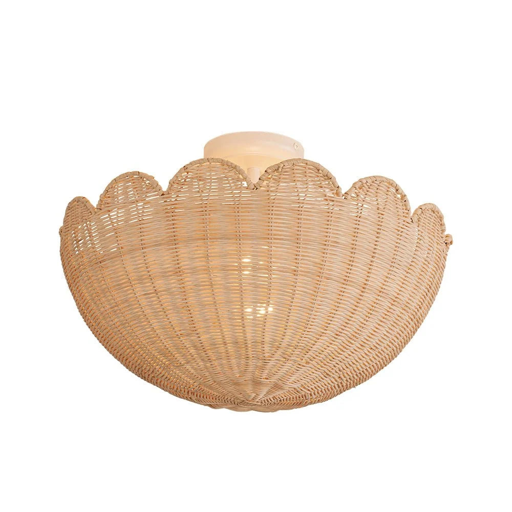 Semi Flush Mount Ceiling Light with a Scalloped Tulip Rattan Shade and Two E26 Sockets for Indoor Spaces